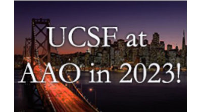 Text overlay: UCSF at AAO in 2023; San Francisco skyline at dusk.