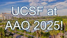 UCSF banner at AAO 2025 event with palm trees.