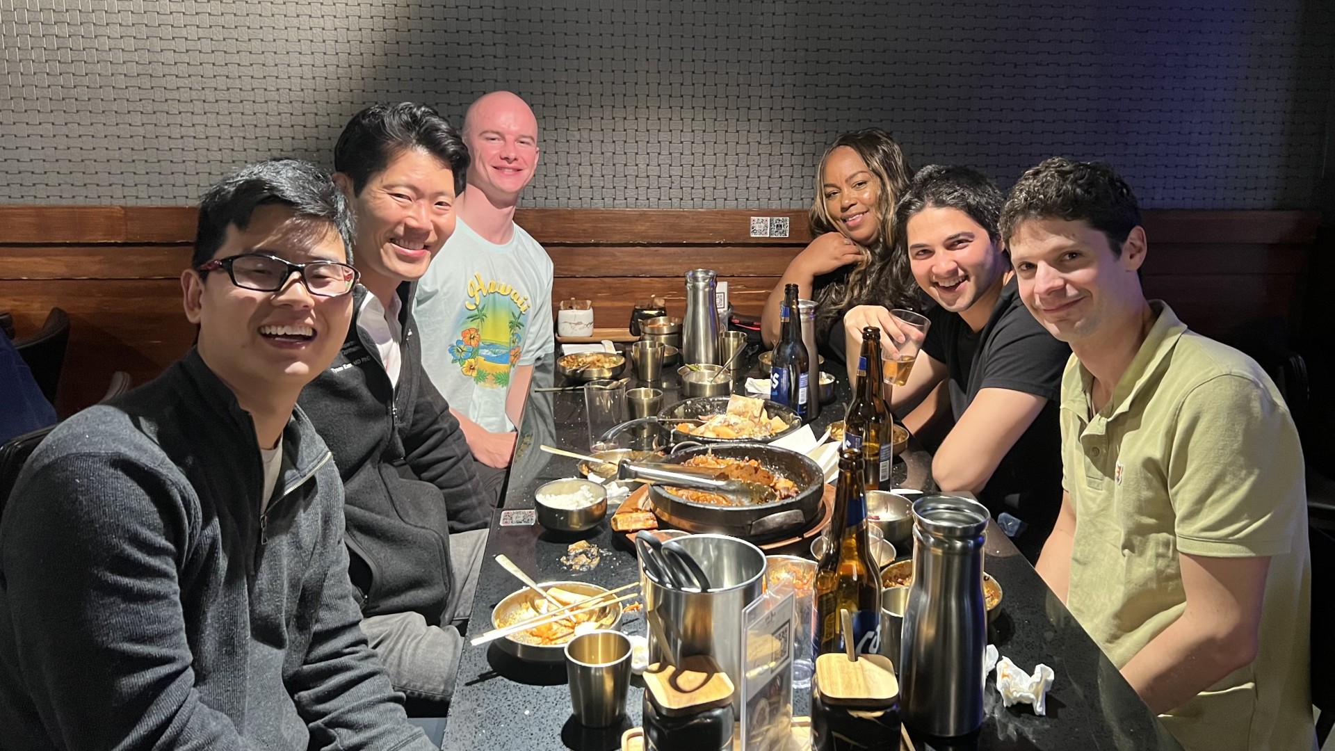 Group of friends dining together at a restaurant.
