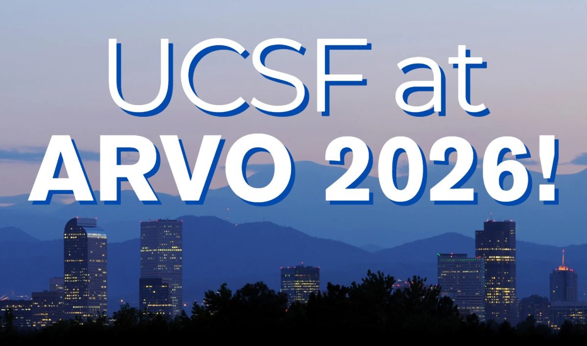 City skyline at dusk with text overlay: "UCSF at ARVO 2026!"