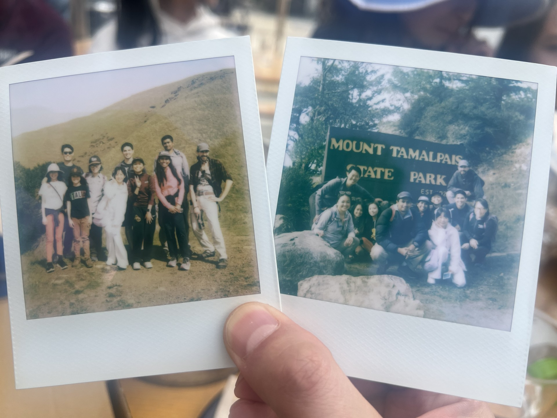 Two polaroid photos of a group at Mount Tamalpais State Park.