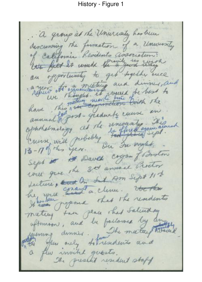Archival document scan of the handwritten rough draft of Dr. Michael J. Hogan's 1948 reunion inquiry letter (page 1) from the 1948 founding of the University of California Eye Residents Association.