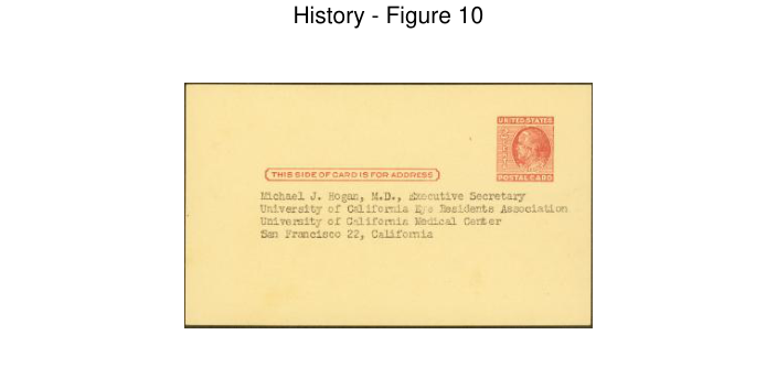 Archival document scan of a postcard used to reserve attendance at the residents meeting (page 1) from the 1948 founding of the University of California Eye Residents Association.