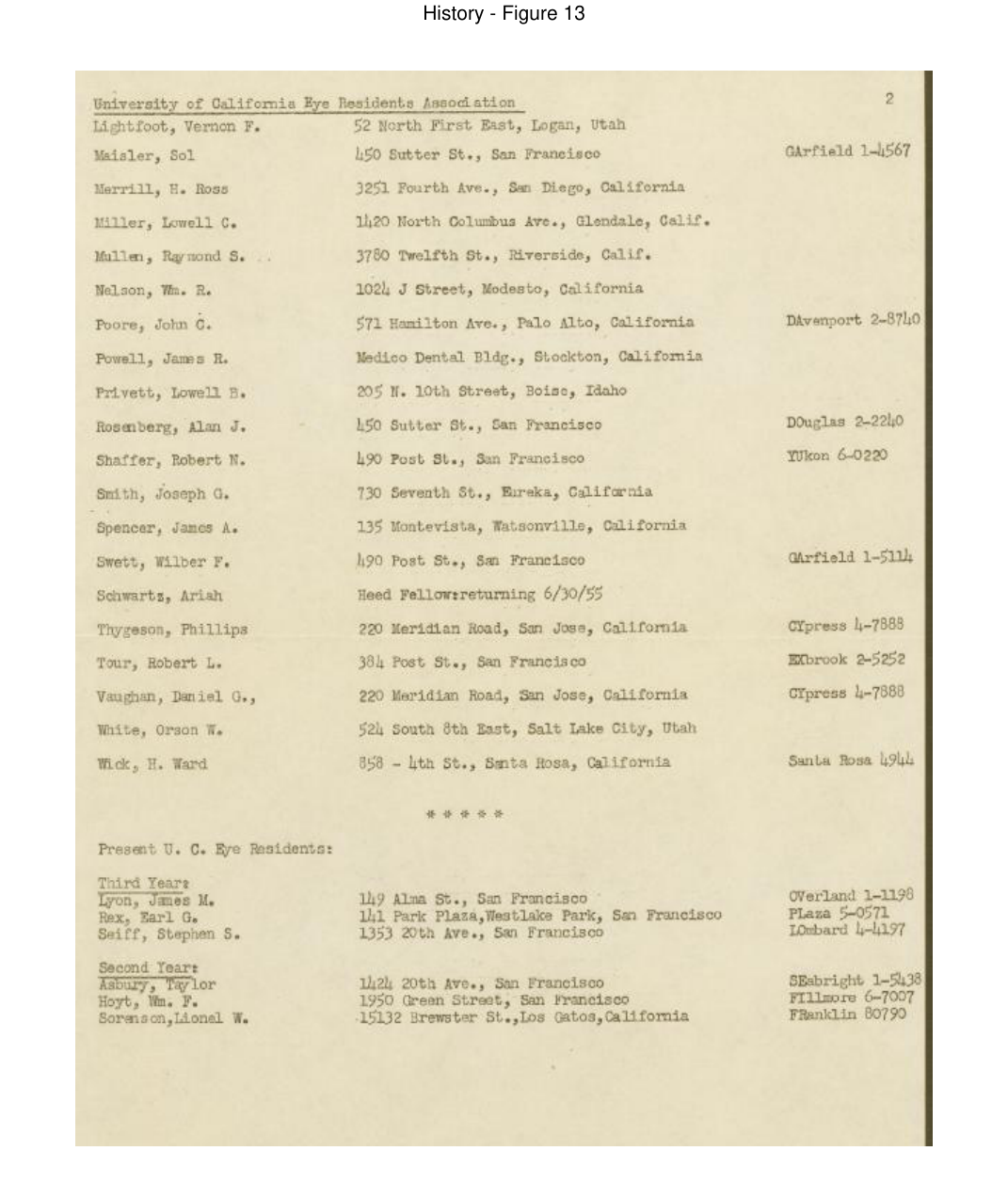 Archival document scan of a mid-1950s roster of University of California Eye Residents (page 2) from the 1948 founding of the University of California Eye Residents Association.