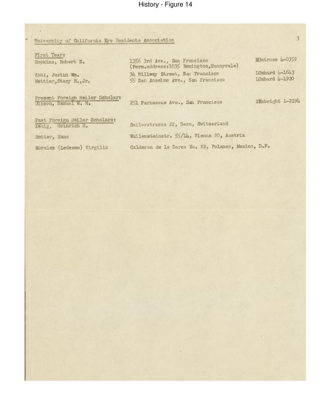 Archival document scan of a mid-1950s roster of University of California Eye Residents (page 3) from the 1948 founding of the University of California Eye Residents Association.