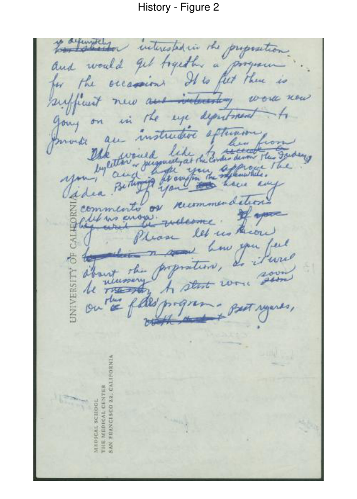 Archival document scan of the handwritten rough draft of Dr. Michael J. Hogan's 1948 reunion inquiry letter (page 2) from the 1948 founding of the University of California Eye Residents Association.