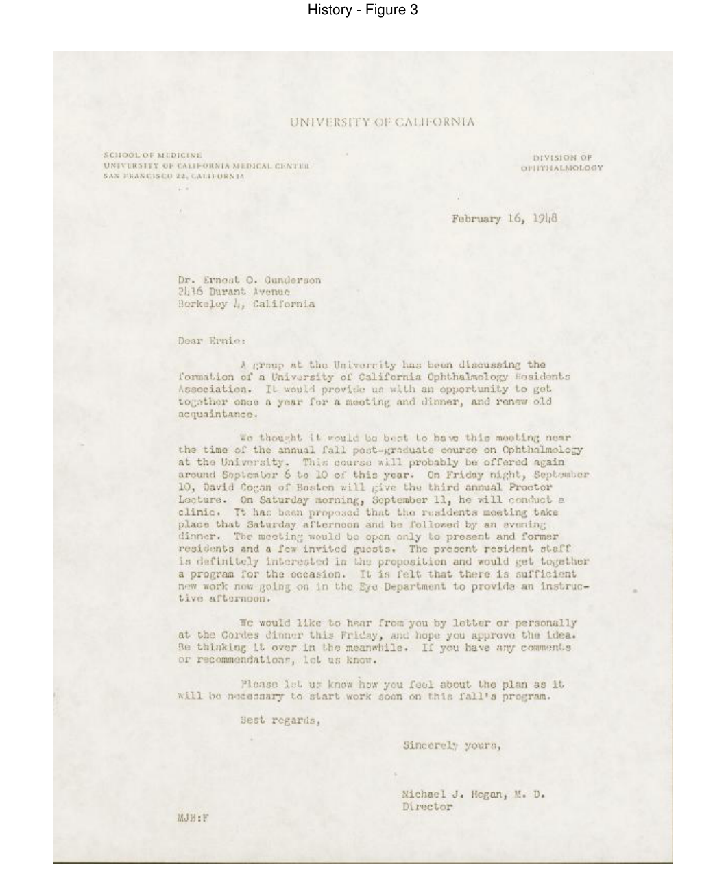 Archival document scan of a carbon copy of Dr. Hogan's final draft letter dated February 16, 1948 from the 1948 founding of the University of California Eye Residents Association.