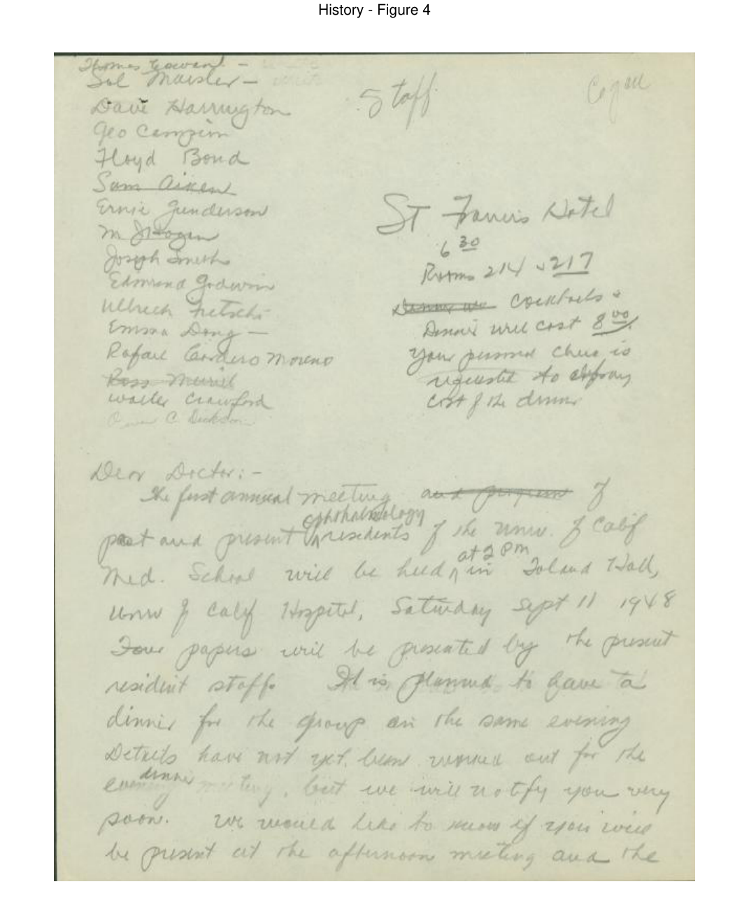 Archival document scan of handwritten notes for Dr. Hogan's formal letter to U.C. eye residents (page 1) from the 1948 founding of the University of California Eye Residents Association.