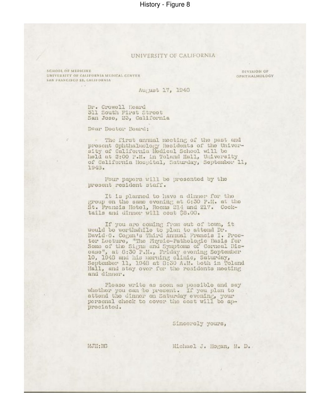Archival document scan of a carbon copy of Dr. Hogan's typewritten reunion invitation dated August 17, 1948 from the 1948 founding of the University of California Eye Residents Association.