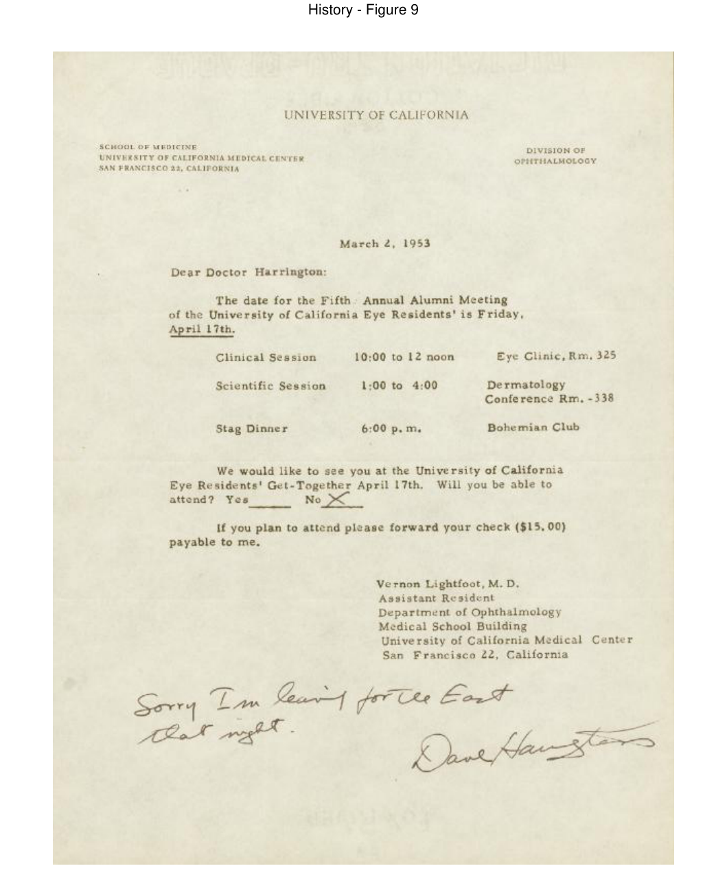 Archival document scan of Vernon Lightfoot's 1953 mimeographed form letter for the annual residents meeting from the 1948 founding of the University of California Eye Residents Association.